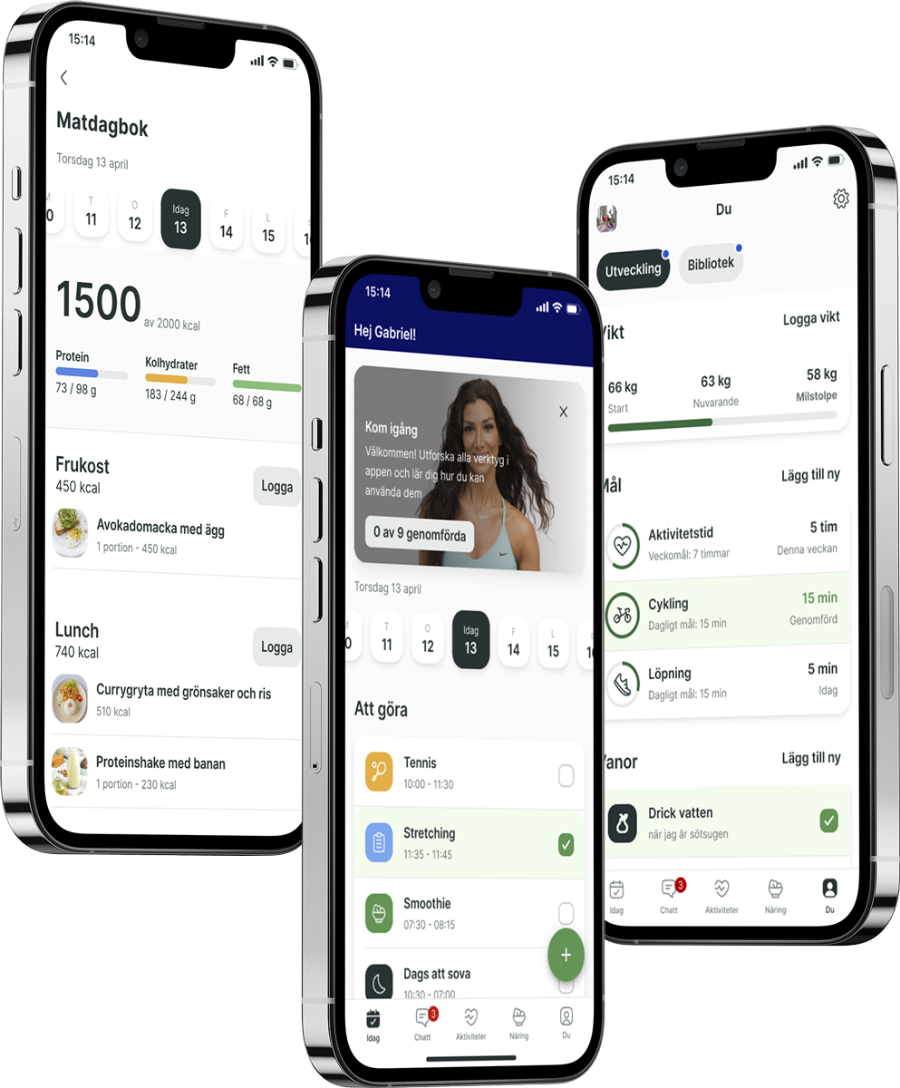 En mockup av coaching-appen som visar funktionerna.